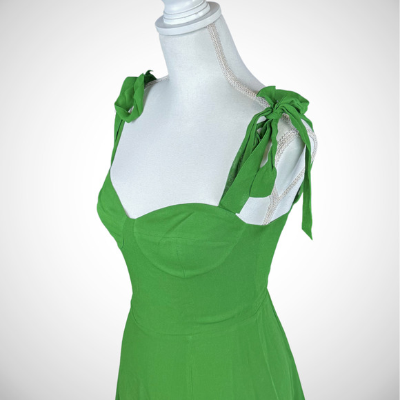New REFORMATION Niara Mini Dress in Emerald Green Size 4 $218 Shoulder Tie - Picture 6 of 9
